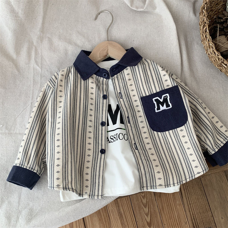 Completo bambino 3 pezzi Camicia a righe + T-shirt + Pantaloni jogger