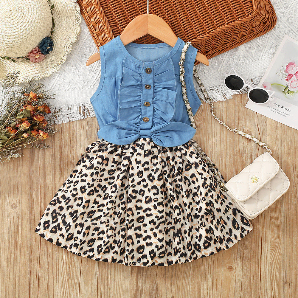 Vestito Bimba Denim & Animalier con Fiocco – "Chic Safari"