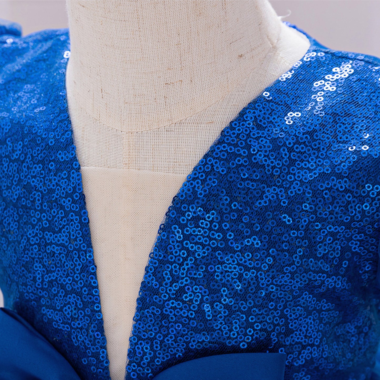 Abito da Cerimonia Bambina in Tulle Blu Reale con Paillettes e Maxi Fiocco