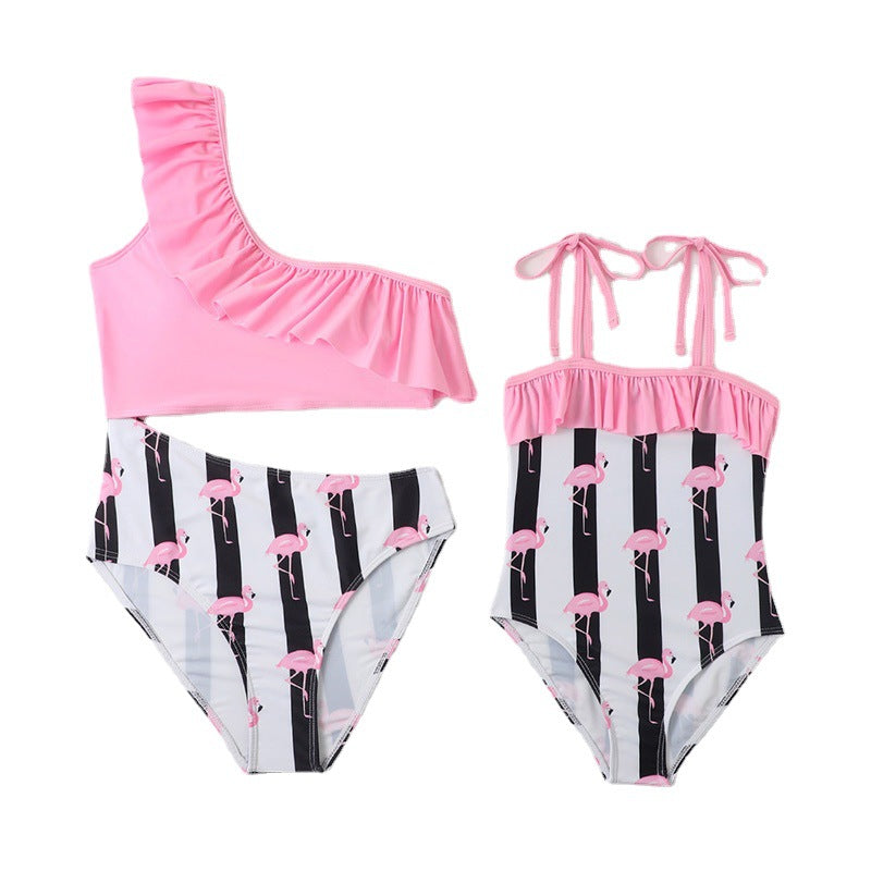 Costumi mare coordinati mamma e figlia – Stampa fenicotteri rosa e righe