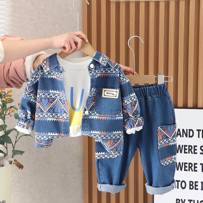 Completo Bimbo in Jeans con Stampa Etnica Giacca, T-shirt e Pantaloni