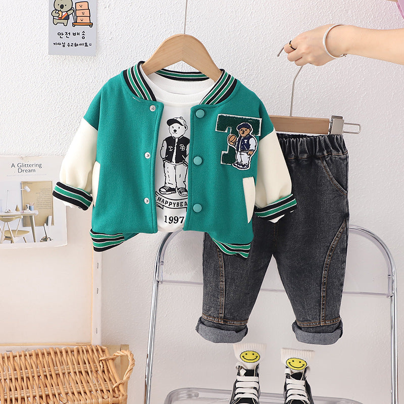 Completo Bimbo "Happy Bear College" Giacca Baseball, T-shirt e Jeans