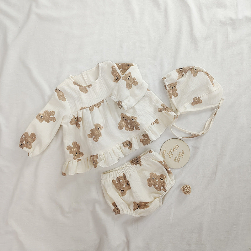 Set 3 pezzi bambina con stampa orsetto - maglia, bloomers e cappellino