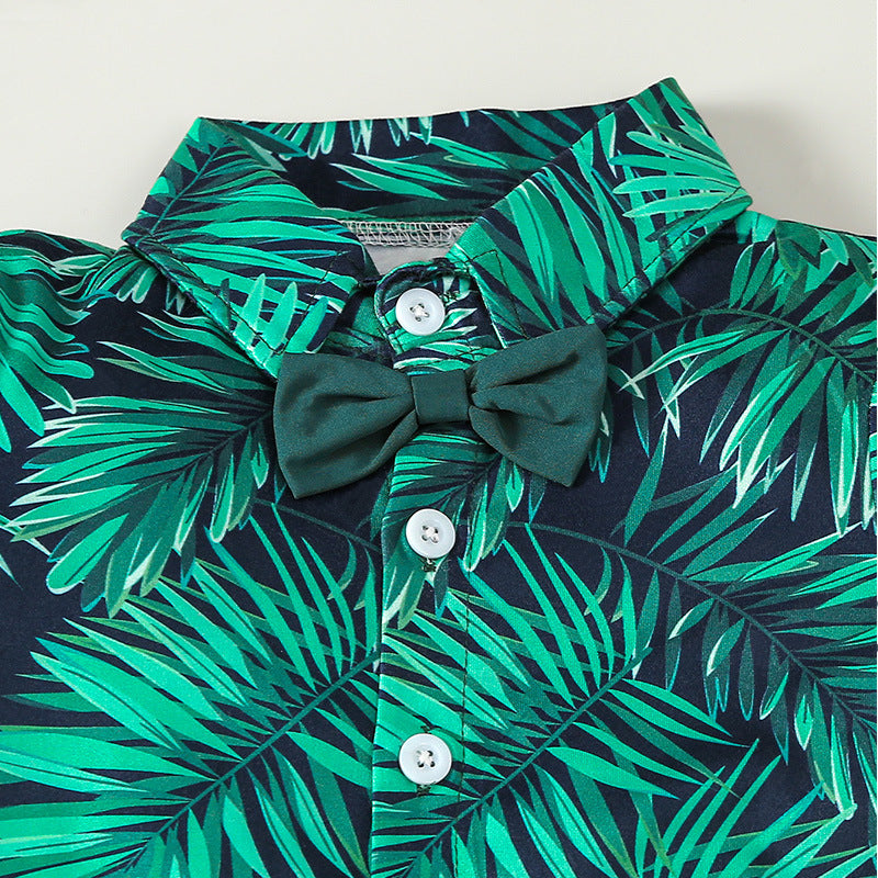 Completo Estivo Bambino 3 Pezzi – Camicia Foglie Tropicali + Shorts + Cappello