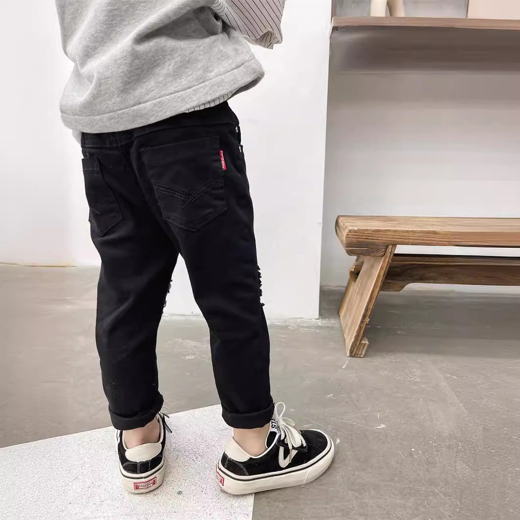 Jeans Strappati Bambino Stile Urban in Bianco e Nero