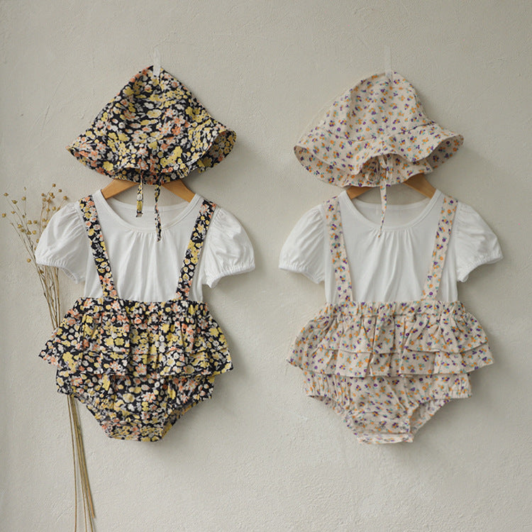 Pagliaccetto estivo bimba con balze e cappello abbinato - Stile floreale