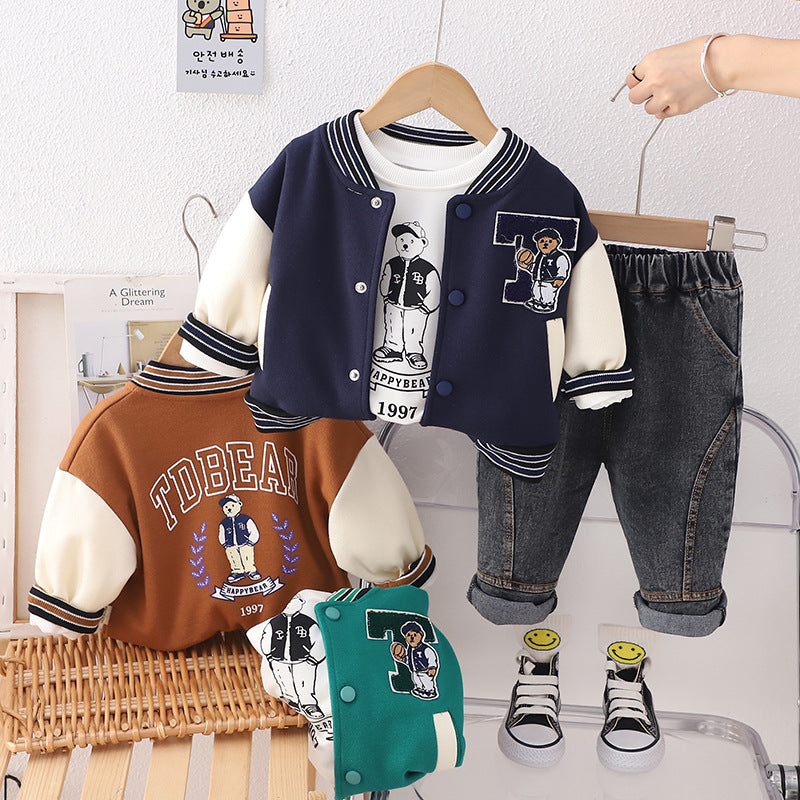 Completo Bimbo "Happy Bear College" Giacca Baseball, T-shirt e Jeans