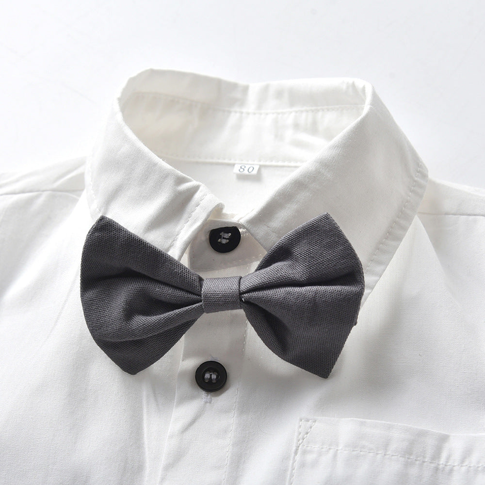 Completo Elegante Bimbo 3 Pezzi Camicia, Pantaloncini e Bretelle con Papillon