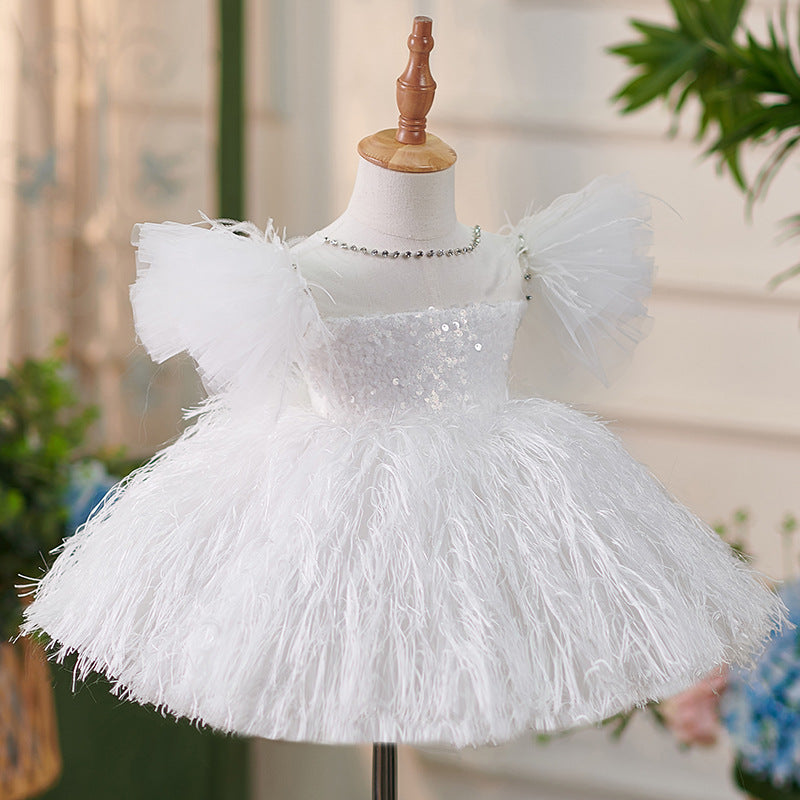 Abito cerimonia bambina Bianco piumato con paillettes