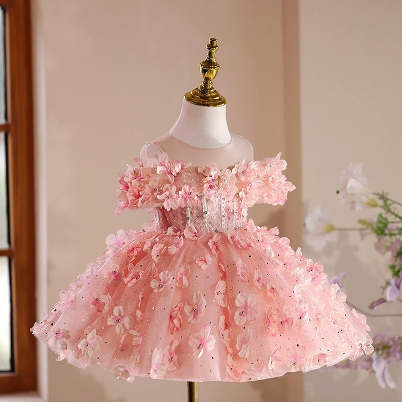 Abito Cerimonia Bimba Rosa – Fiori 3D e Corpetto con Perle