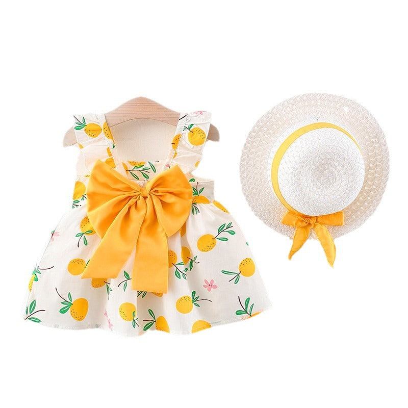 Set Abito Estivo Bambina Vestito con Stampa e Cappello Coordinato
