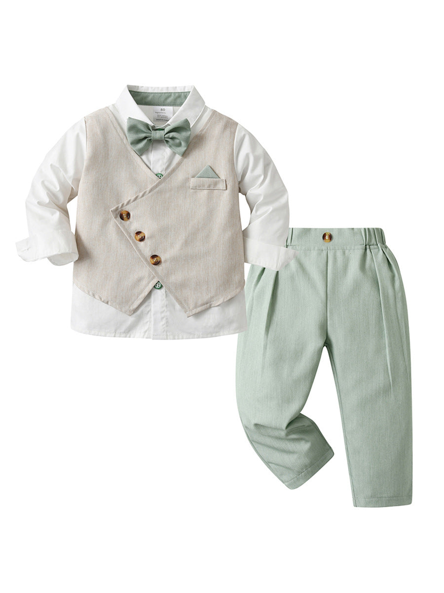 Completo Elegante Bimbo 3 Pezzi Camicia, Gilet Asimmetrico e Pantaloni Verde Salvia