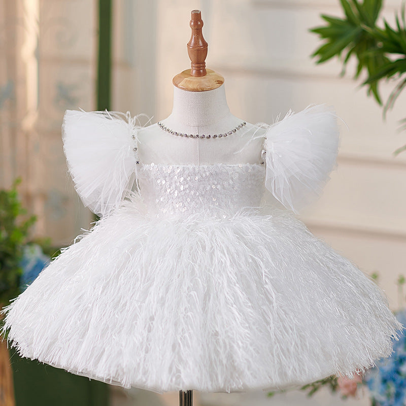 Abito cerimonia bambina Bianco piumato con paillettes