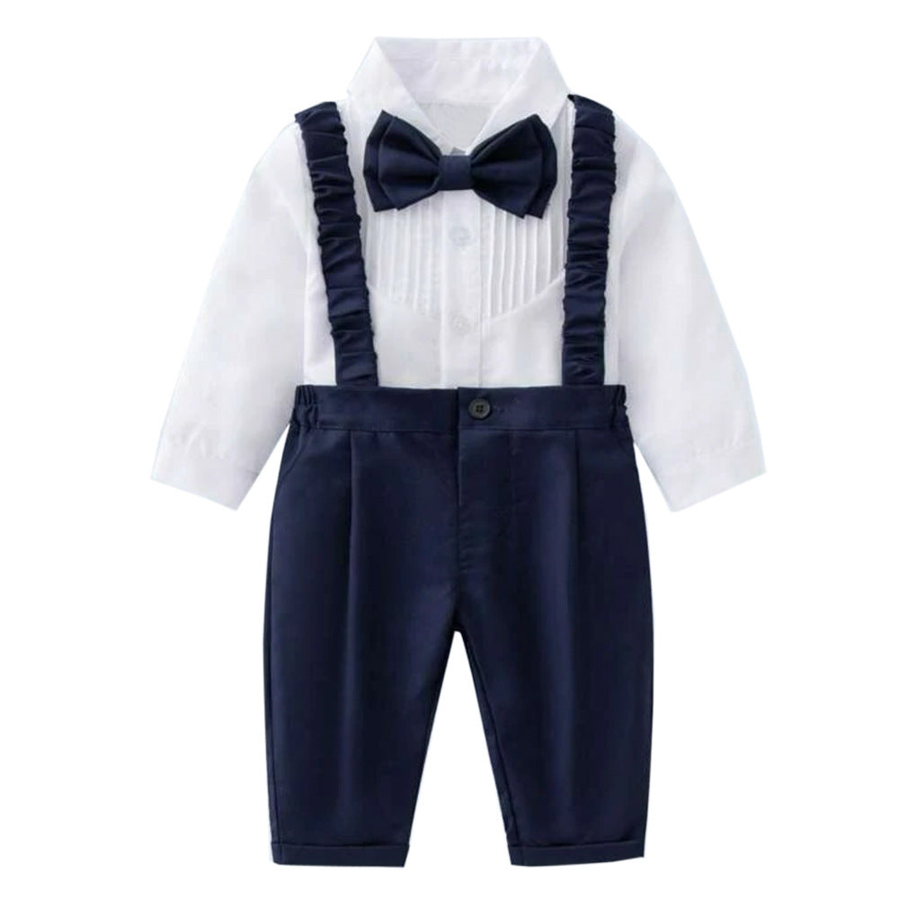 Completo Elegante Neonato Camicia Bianca, Pantaloni Blu con Bretelle e Papillon