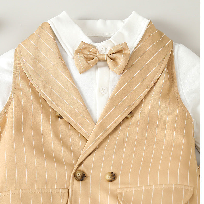 Completo Elegante Bambino 3 Pezzi con Gilet a Righe e Papillon