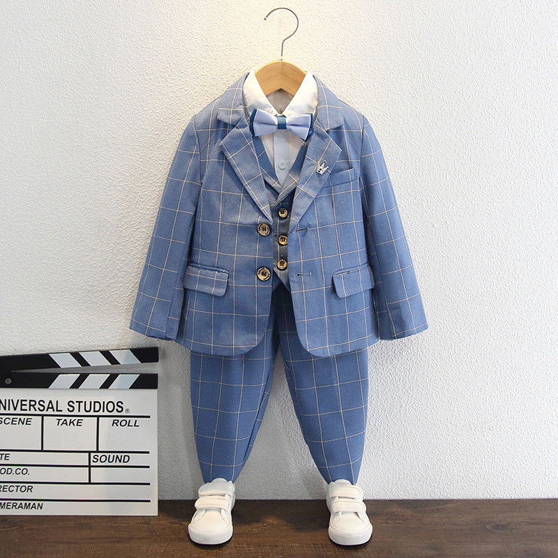 Completo Elegante Bambino 5 Pezzi Azzurro Quadrettato con Papillon