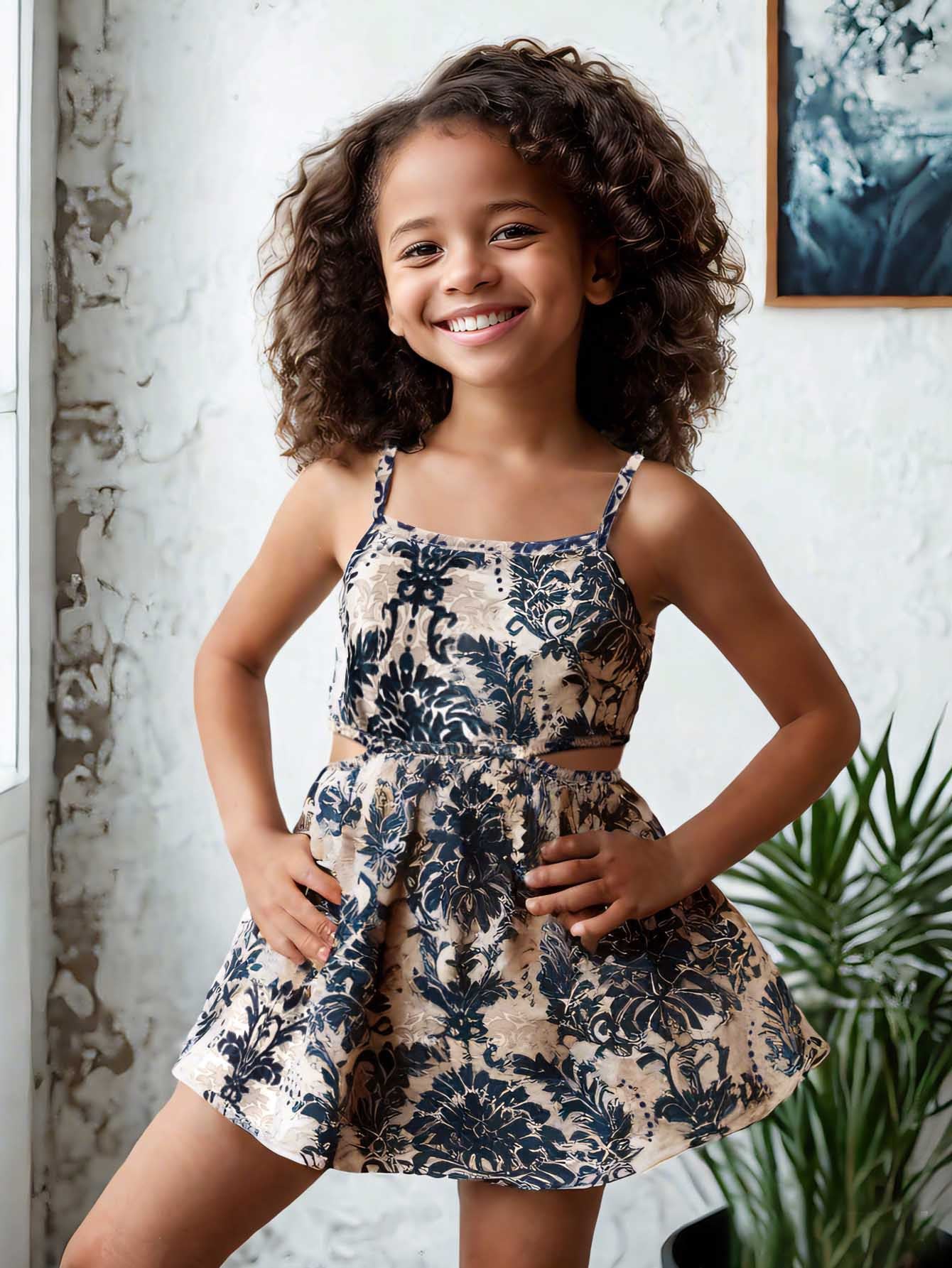 Abito Estivo Bimba Elegante con Spalline Sottili e Stampa Floreale Blu