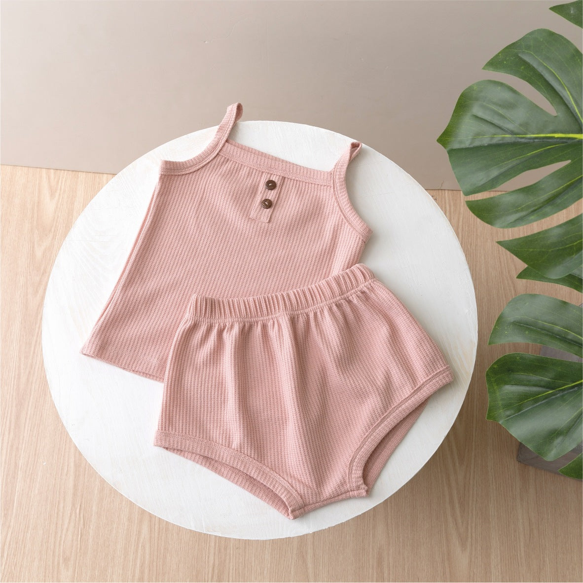 Completo estivo bimbo/bimba in cotone waffle – 2 pezzi