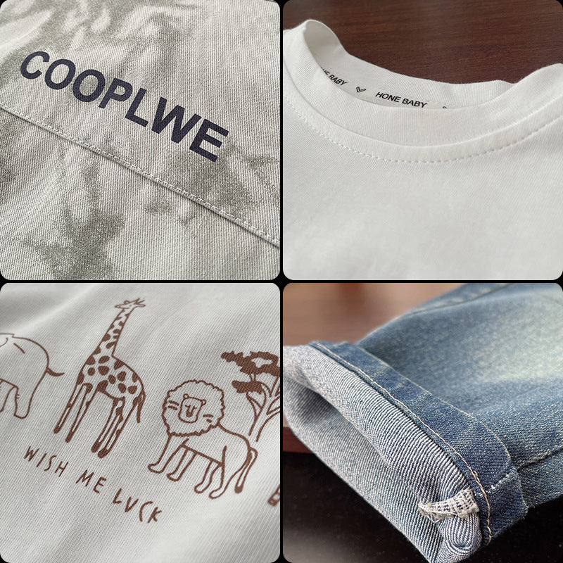 Completo Casual Bimbo Camicia Verde, T-shirt Giraffa e Jeans Smile