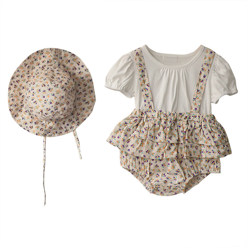 Pagliaccetto estivo bimba con balze e cappello abbinato - Stile floreale