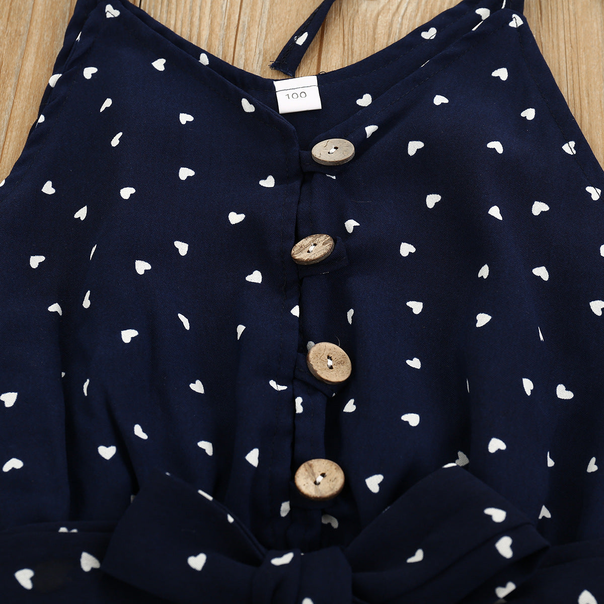 Tuta estiva bambina con cuoricini – Blu navy con fiocco e bottoni