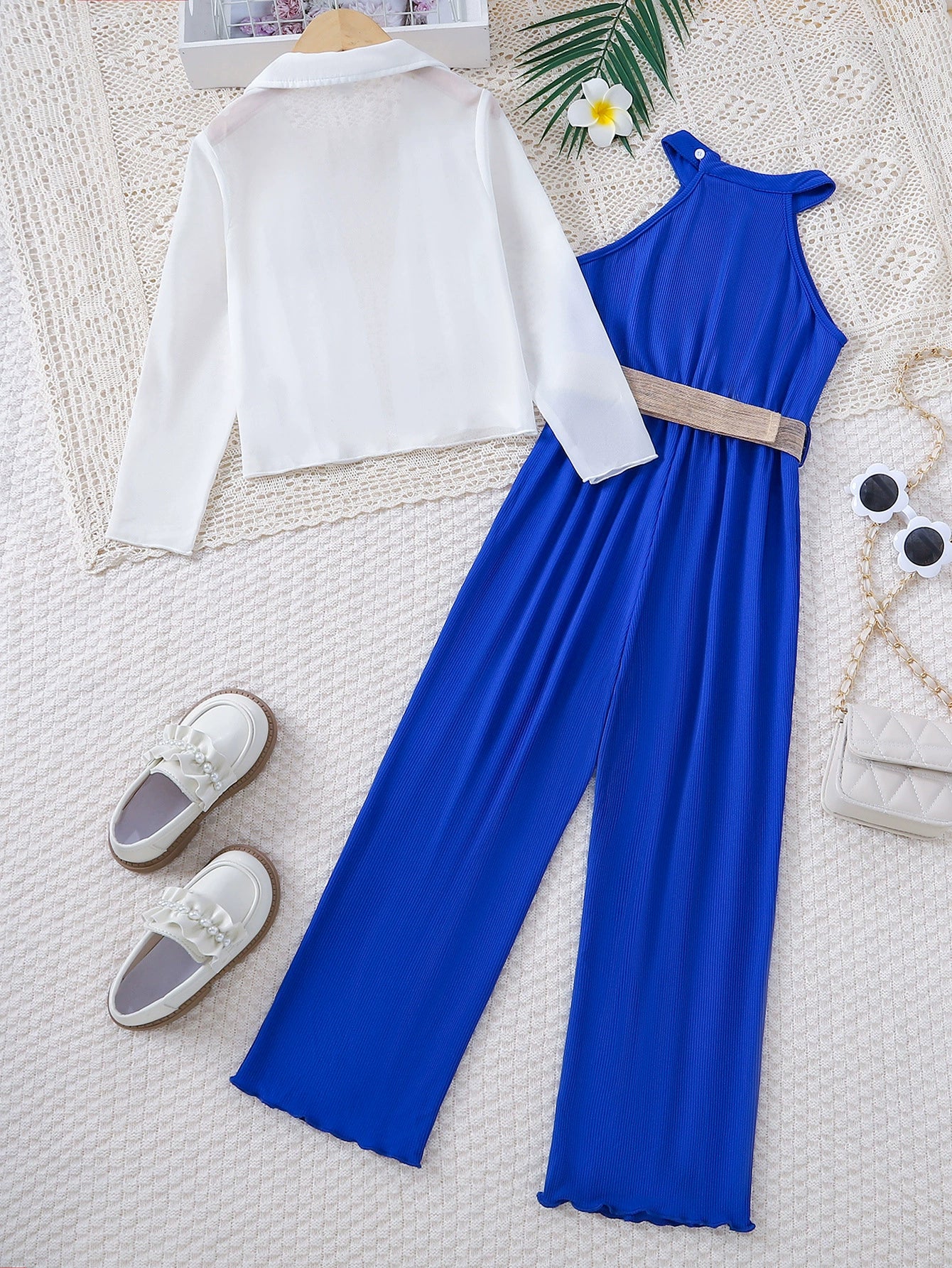 Completo Elegante Bambina Jumpsuit Blu Royal e Camicia Bianca