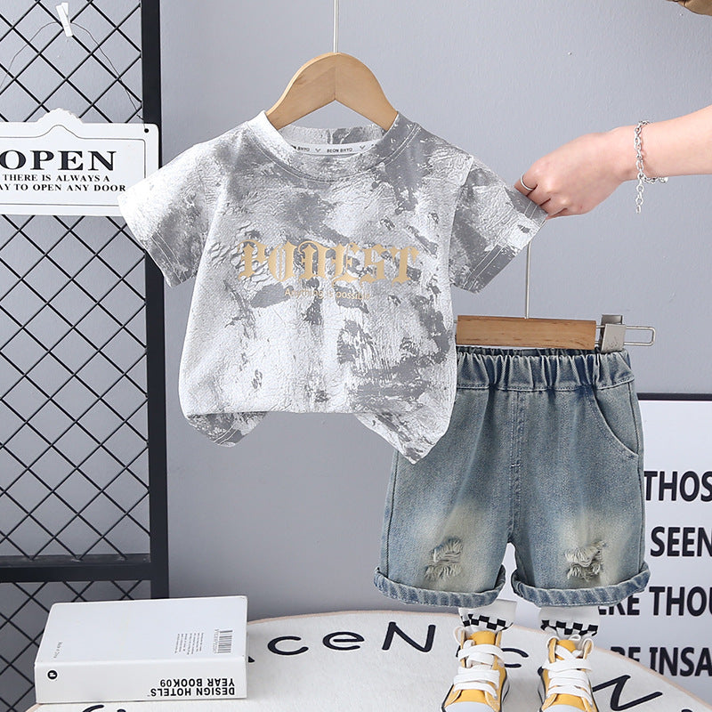 Completo Estivo Bimbo T-shirt “Power” Effetto Marmo e Shorts in Denim