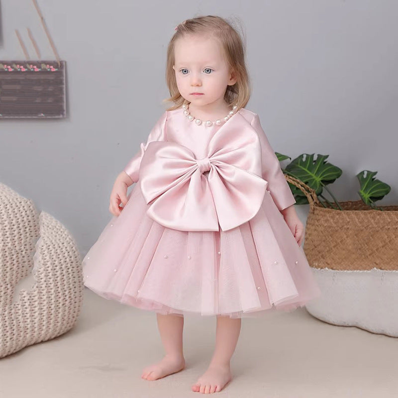Abito Cerimonia Bimba Rosa Cipria Tulle e Maxi Fiocco