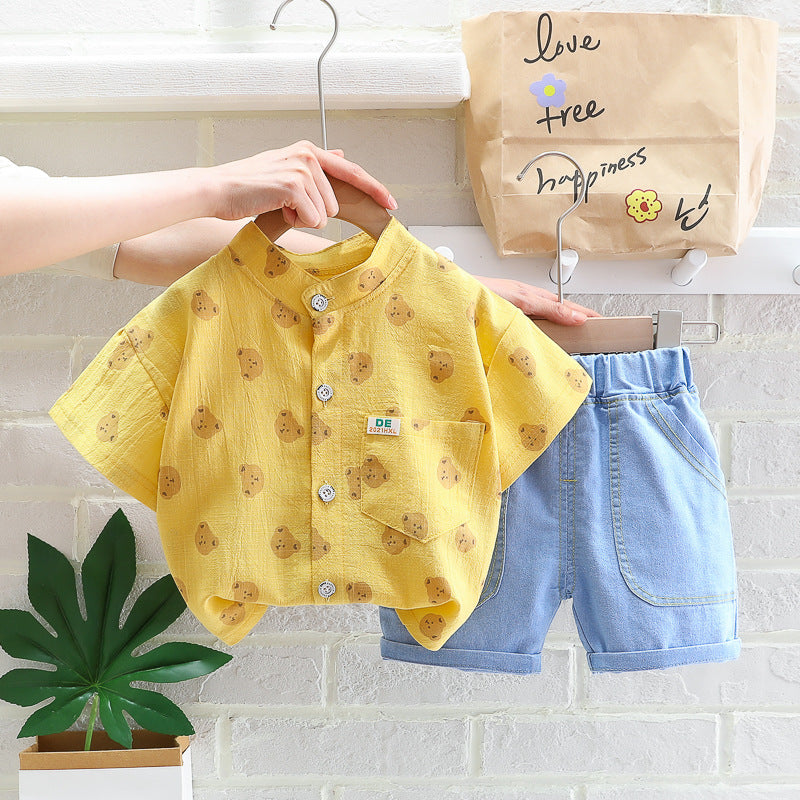 Completo Estivo Bambini Camicia Stampata e Shorts in Jeans