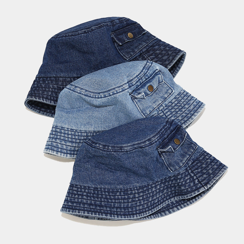 Cappello Bucket in Jeans Stile Casual con Taschino