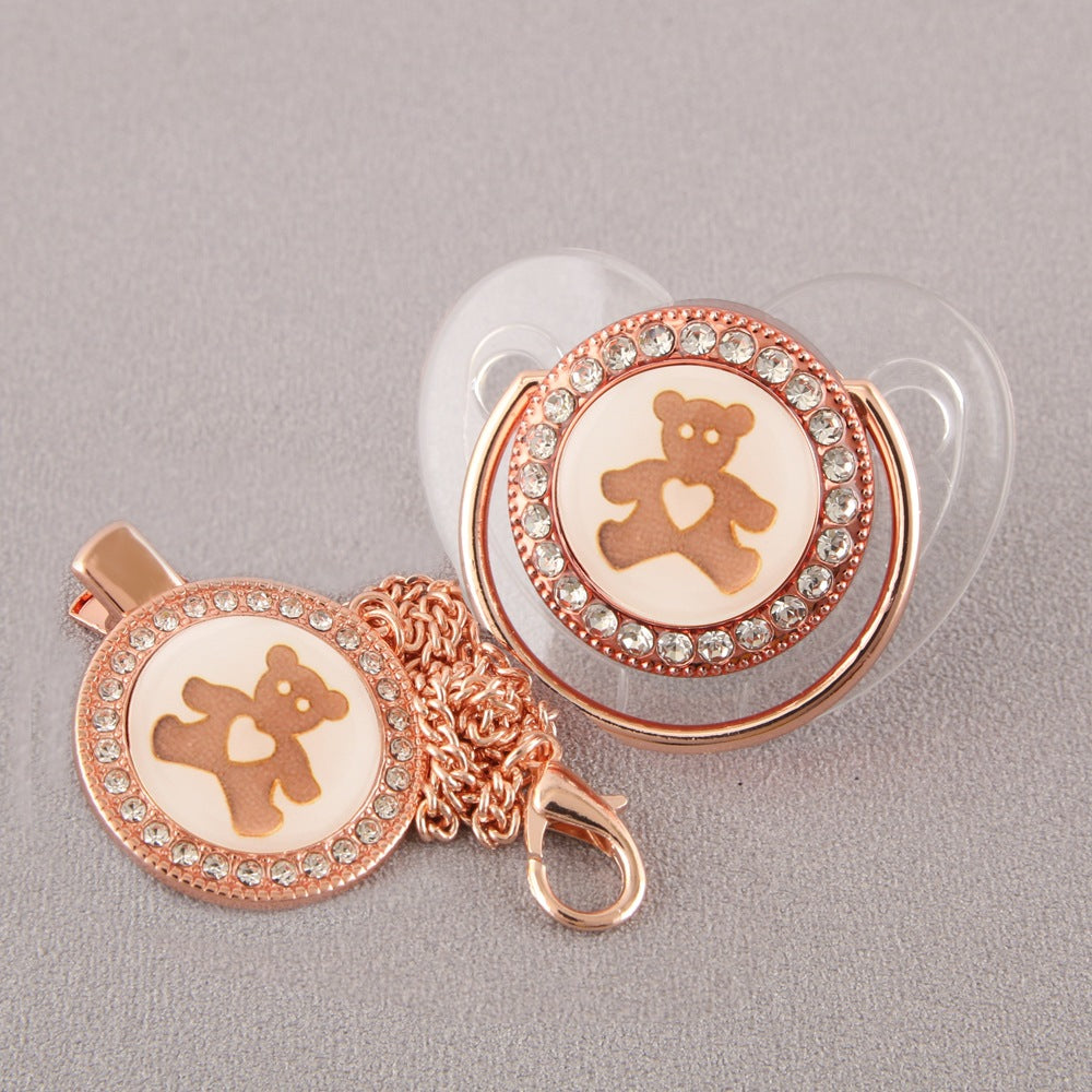 Set Ciuccio 6-12 mesi con Catenella e Copri-Polvere – Decorato con Cristalli e Orsetto