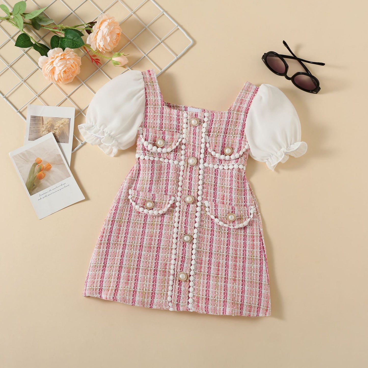 Abito Elegante Bambina in Tweed con Perle e Maniche a Palloncino