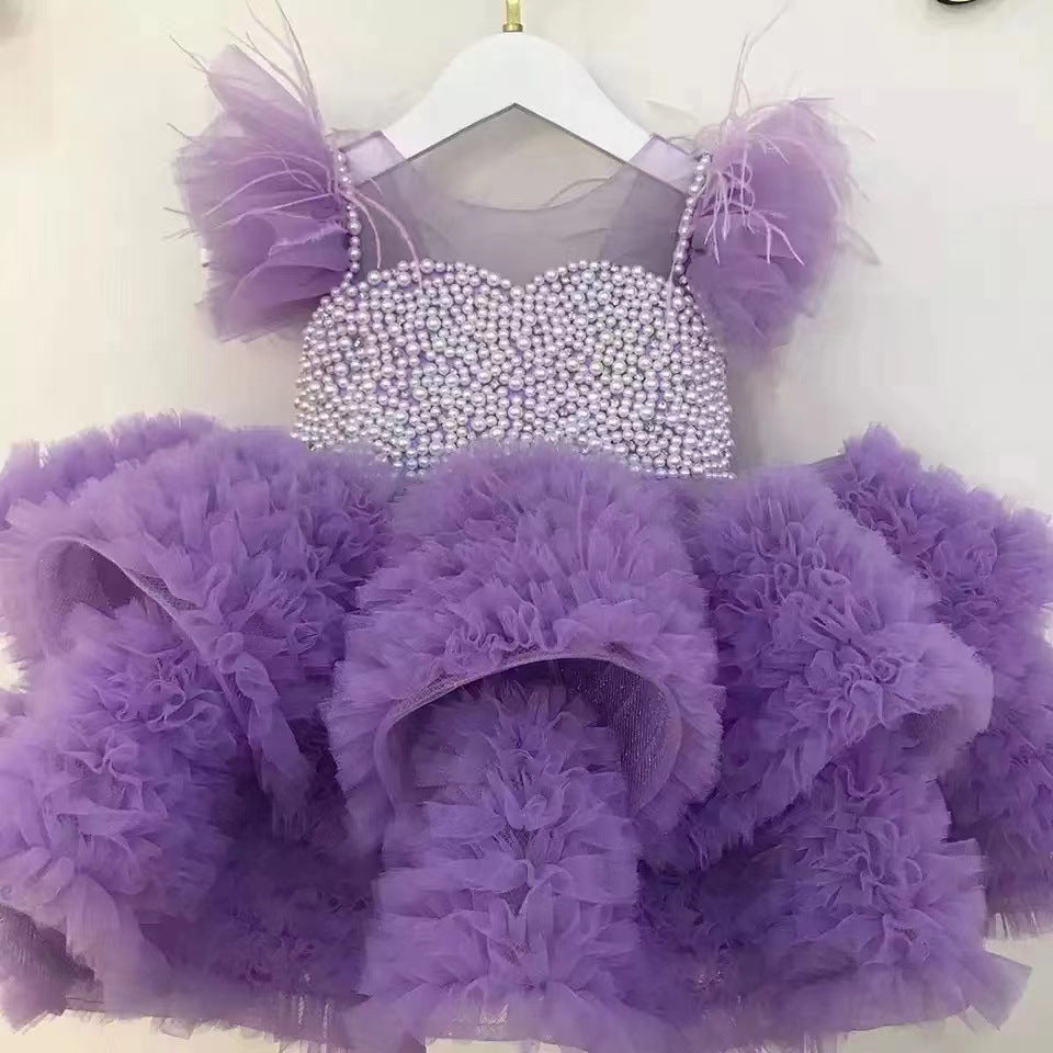 Vestito elegante bimba per cerimonia rosa con tulle