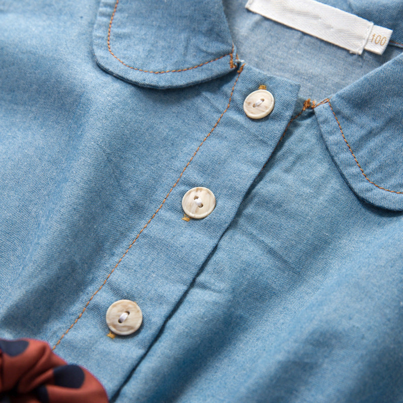 Abito Bambina in Denim e Tulle con Fiocco a Pois