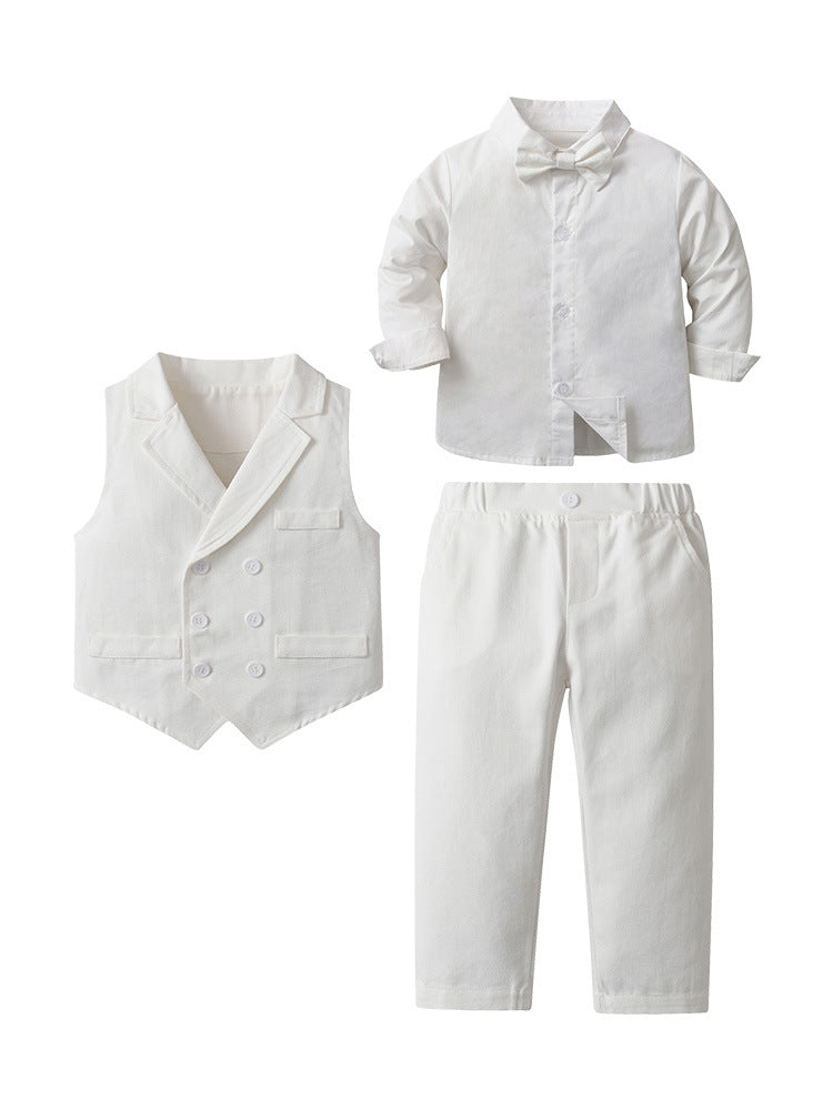 Completo Elegante Bambino 3 Pezzi Bianco Camicia, Gilet e Pantaloni con Papillon
