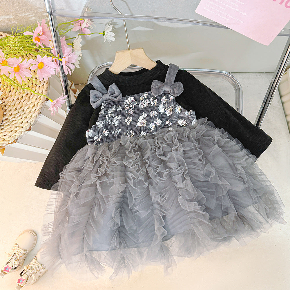 Abito Elegante Bambina con Gonna in Tulle Grigio e Maglia Nera