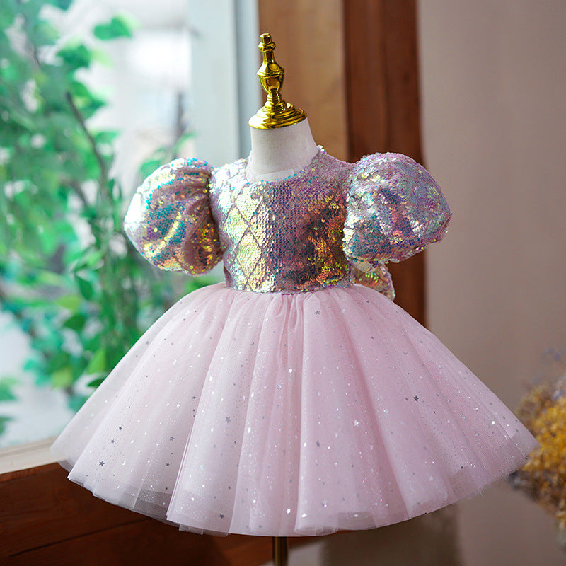 Abito da Cerimonia Bimba con Paillettes Iridescenti e Tulle Rosa