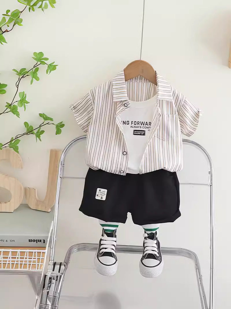 Completo Estivo Bambino Camicia a Righe Multicolor e Shorts Neri