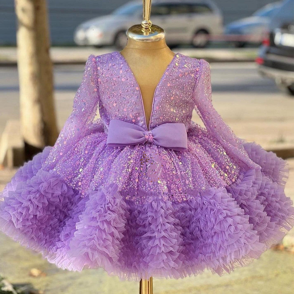 Abito Cerimonia Bimba Lilla Lungo Tulle con Paillettes e Fiocco