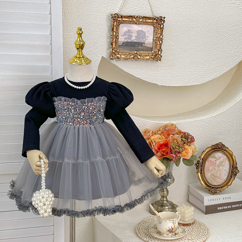 Abito Elegante Bimba con Tulle e Paillettes Maniche a Sbuffo