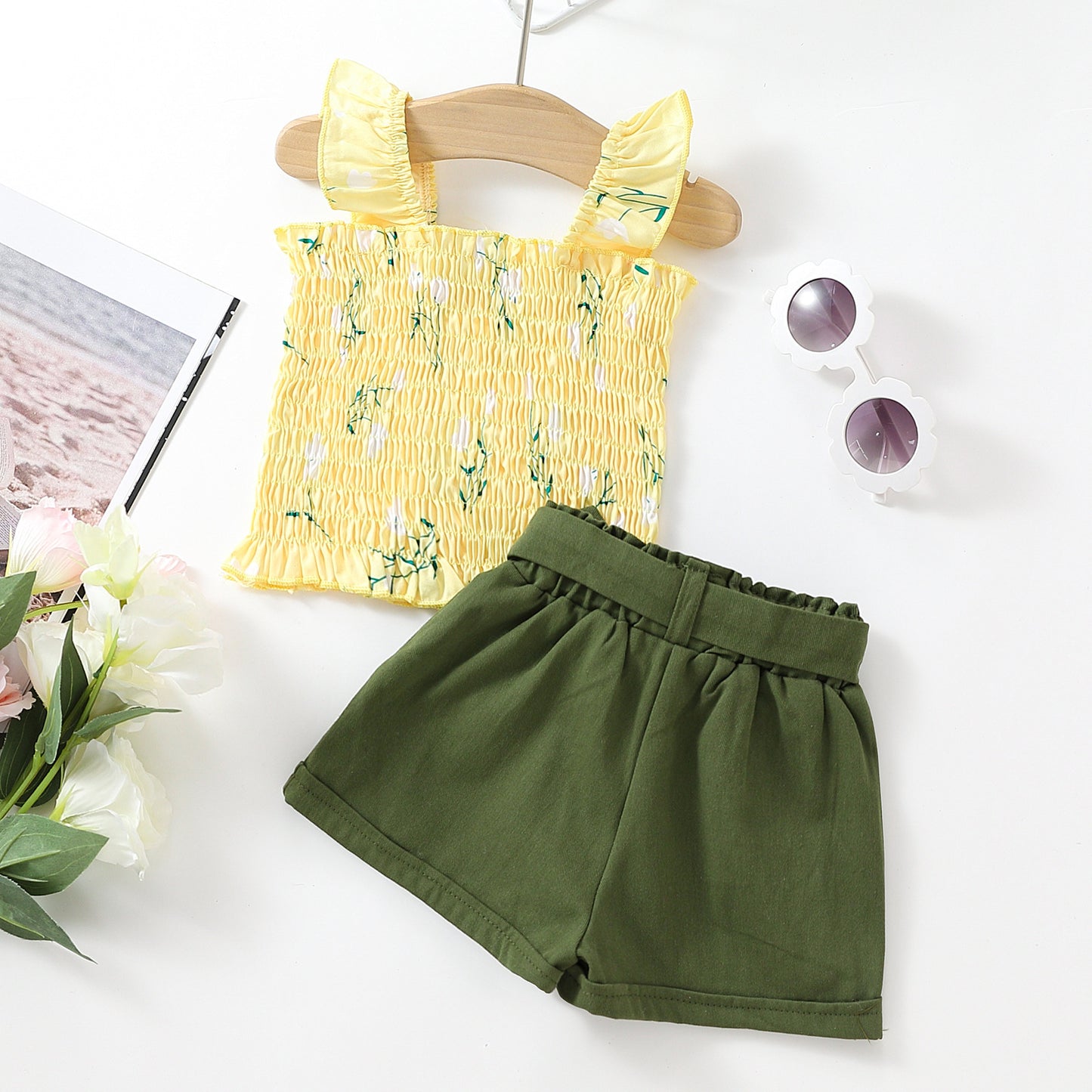 Completo estivo bambina 2 pezzi con top smockato e shorts con fiocco