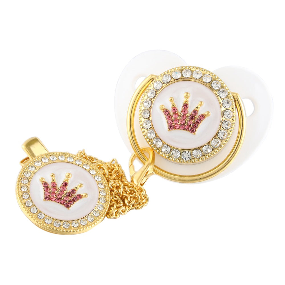 Set Ciuccio e Catenella con Corona Luxury Rosa in Cristalli