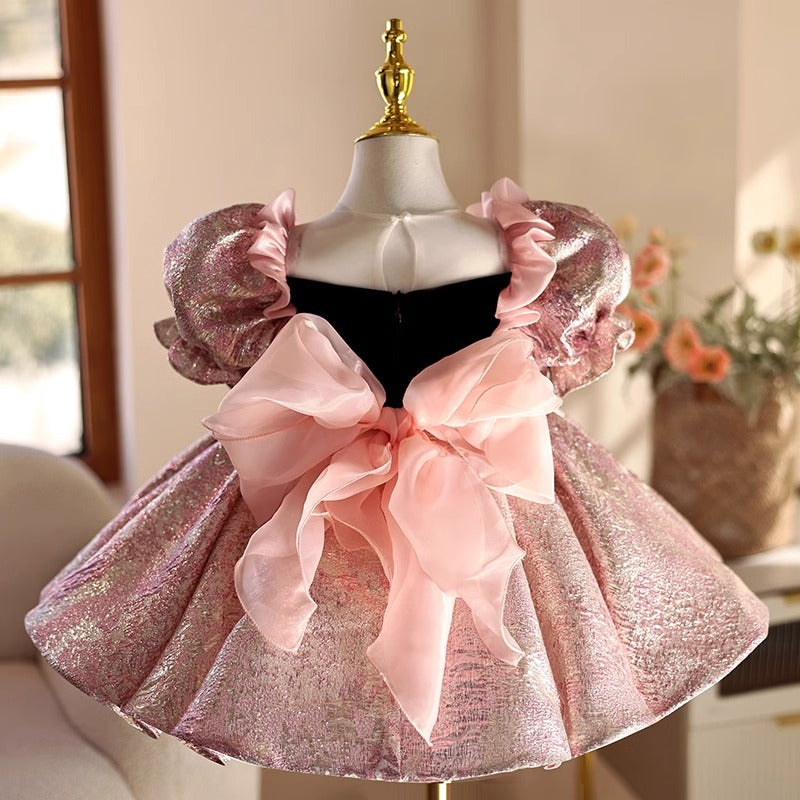 Abito da Cerimonia Bambina Principessa Rosa Lilla con Maniche Voluminose