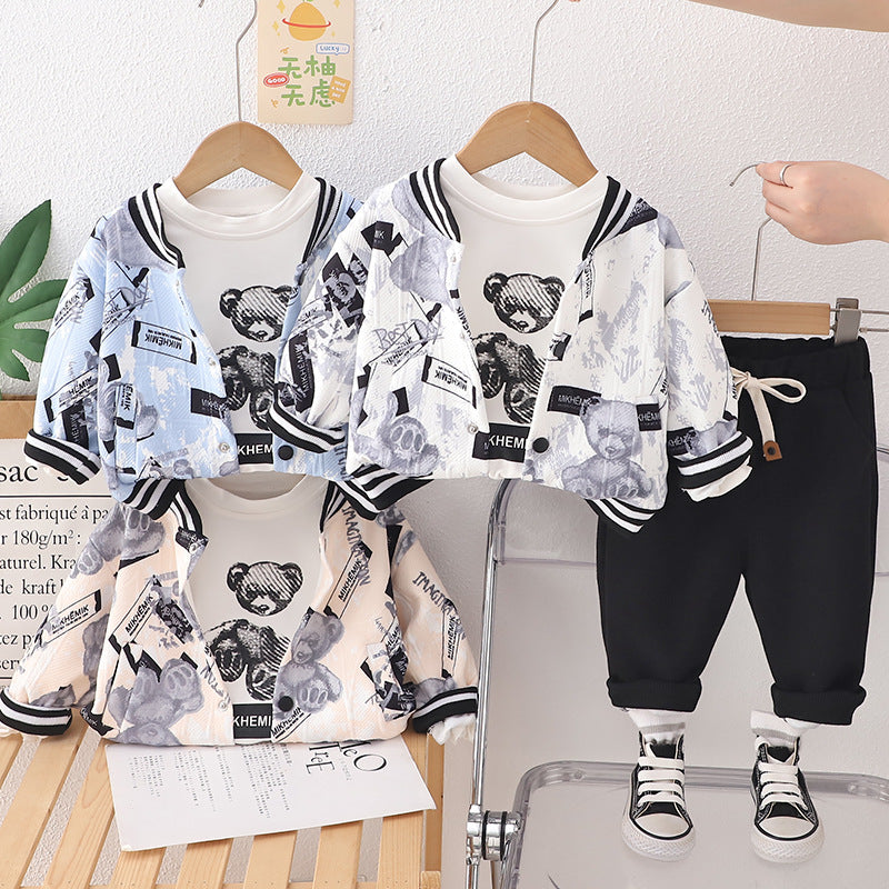 Completo Primaverile Bimbo "Urban Bear" Giacca Stampata, T-shirt e Pantaloni