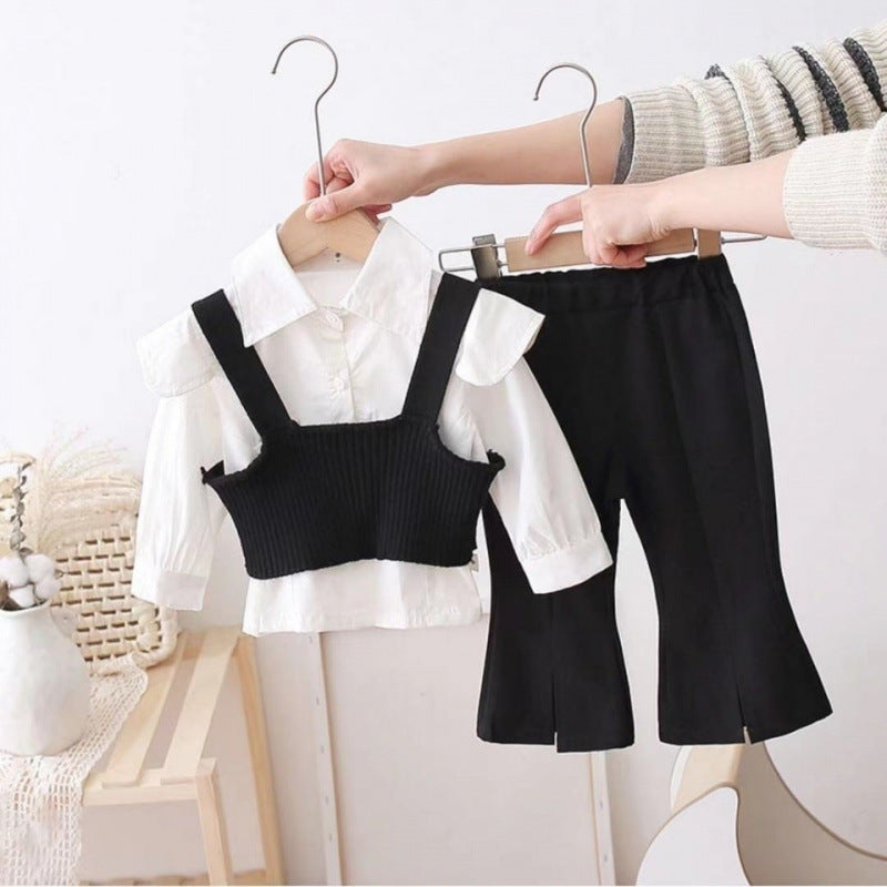 Completo Elegante Bambina 2 Pezzi Camicia bianca con Gilet Maglia e Pantaloni Neri