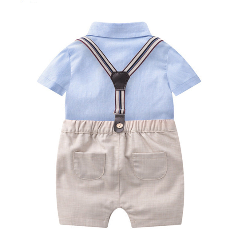 Completo Elegante Neonato 2 Pezzi Camicia con Papillon e Pantaloncini con Bretelle