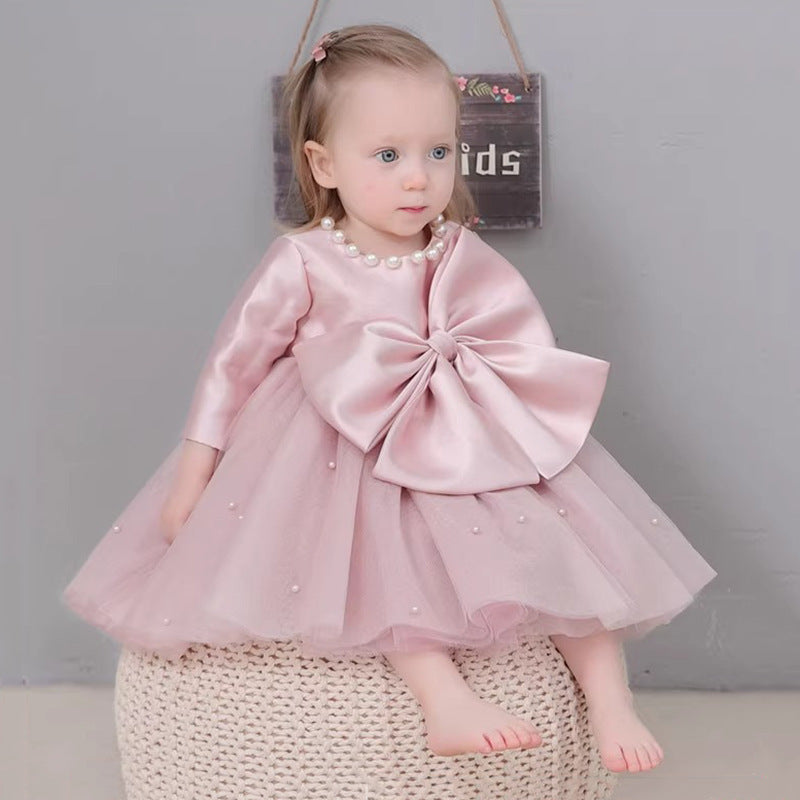 Abito Cerimonia Bimba Rosa Cipria Tulle e Maxi Fiocco