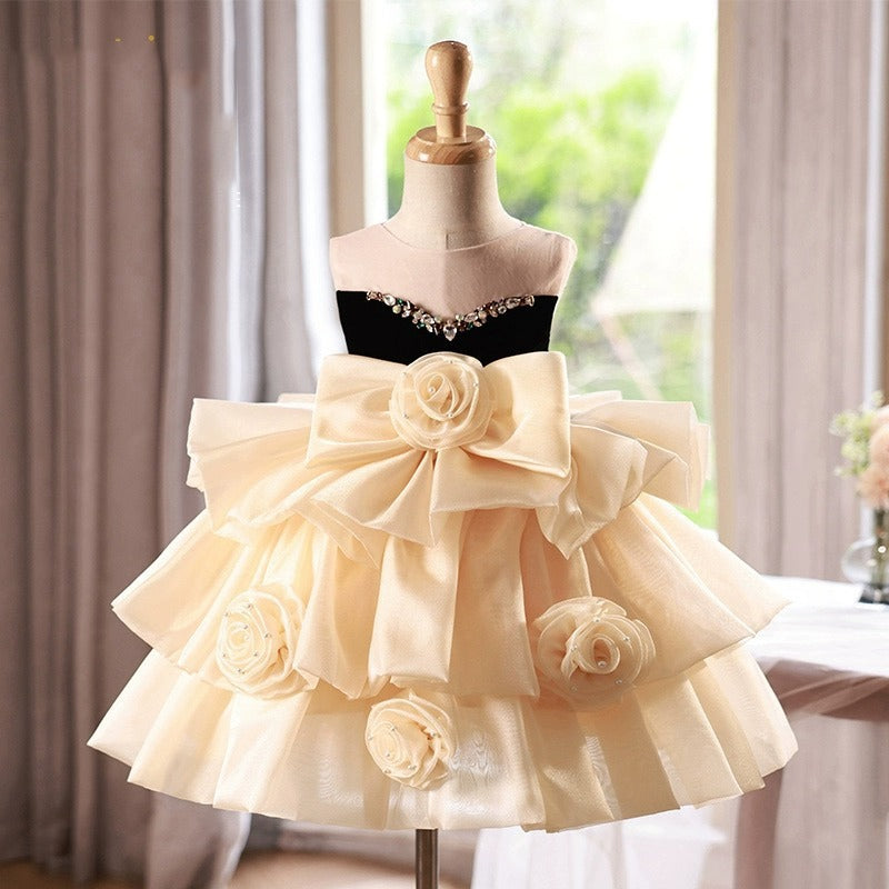 Abito da Cerimonia Elegante per Bambina con Fiocco e Rose