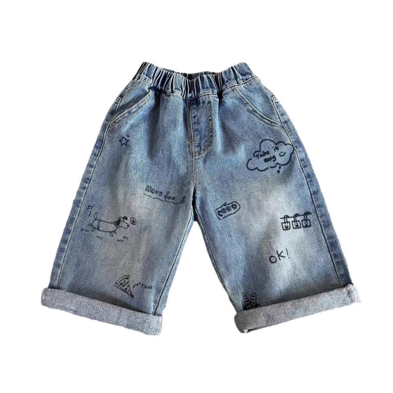 Shorts Bambino in Jeans con Stampa Doodle Casual e Creativi