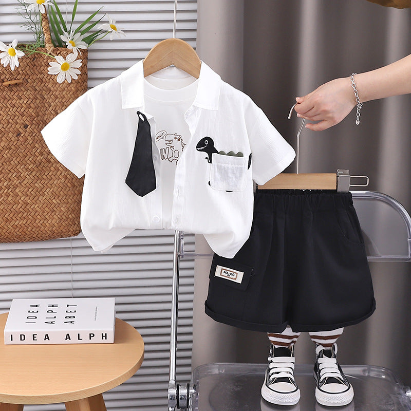 Completo Estivo Bambino "Dino Manager" - Camicia con Cravatta, T-Shirt Stampata e Shorts